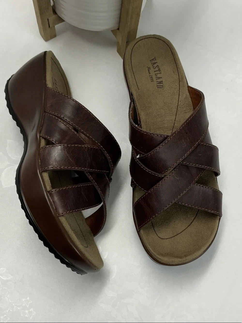 Eastland Men's Dark Brown Leather Crossover Slide Sandals